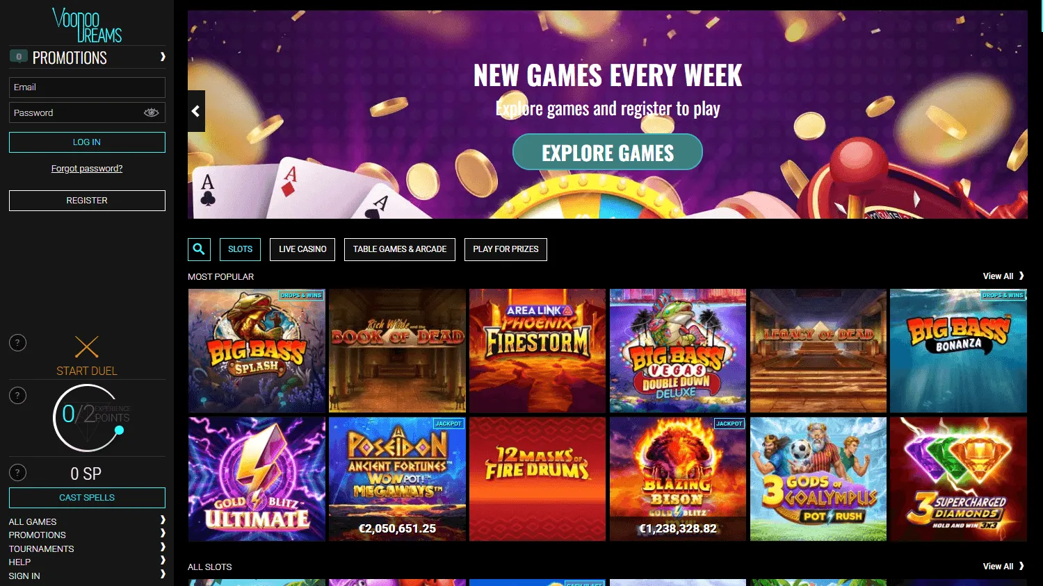 Voodoo Casino desktop home experience with casino games and live play options