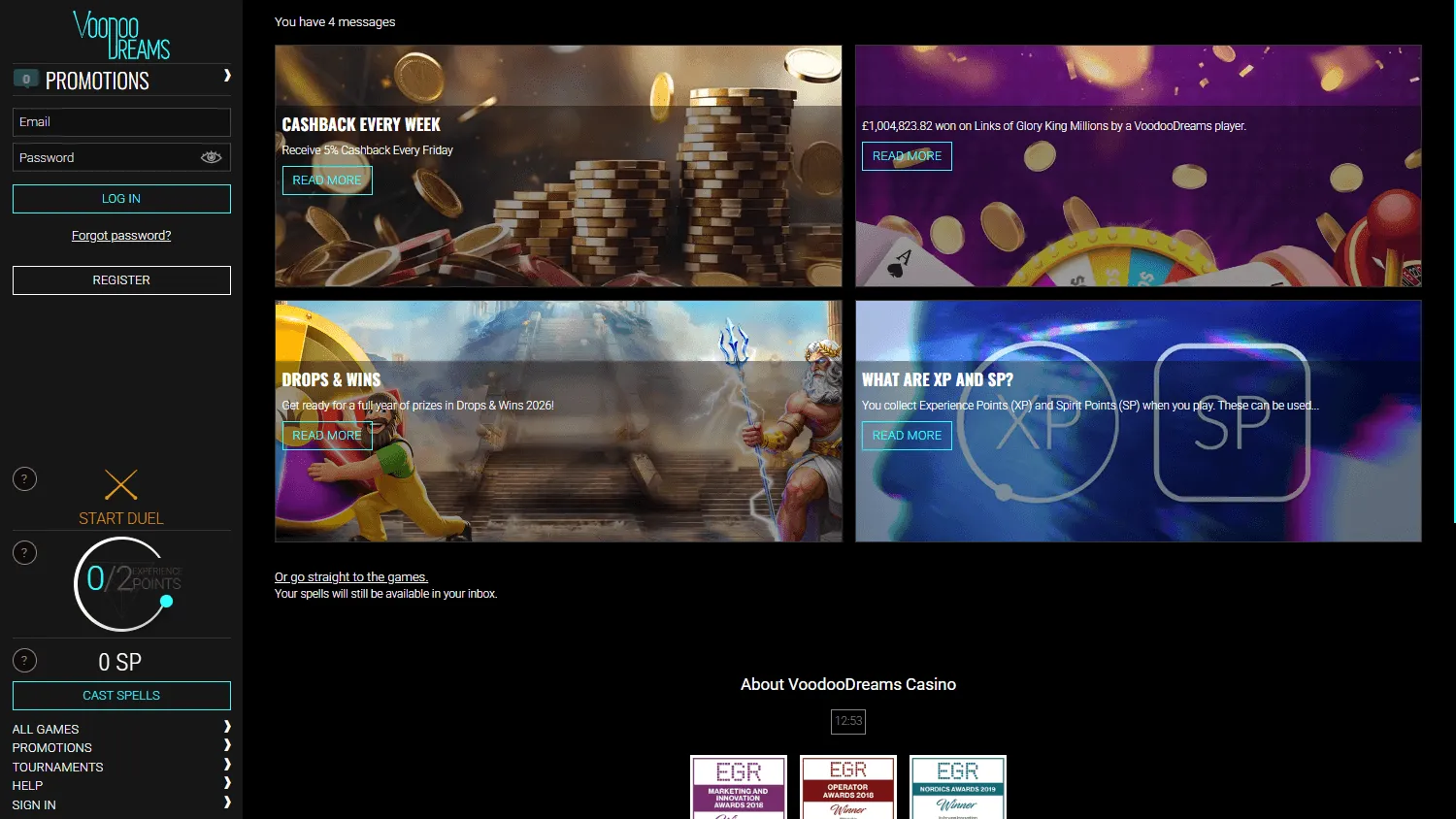 Voodoo Casino desktop promotions area featuring the welcome offer and recurring rewards